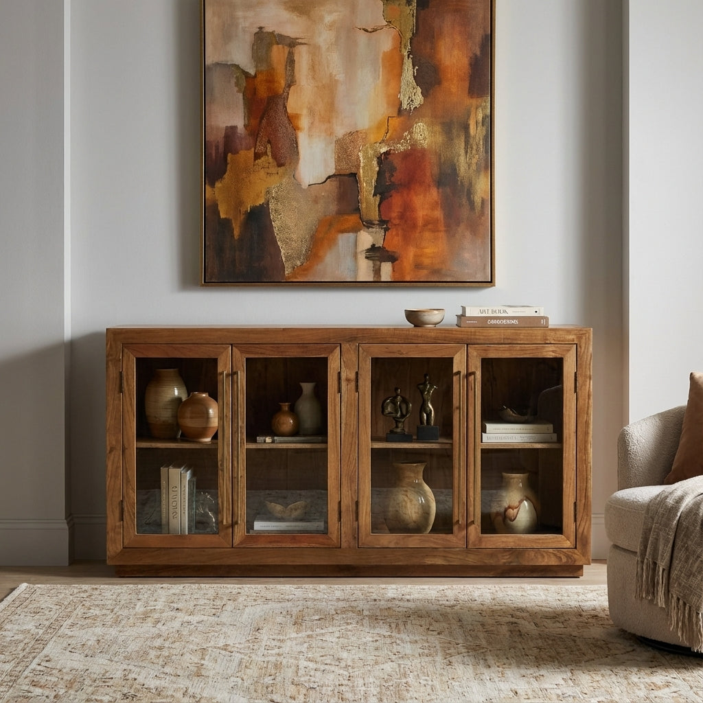 Tristan 72" 4 Door Glass Front Sideboard - Natural