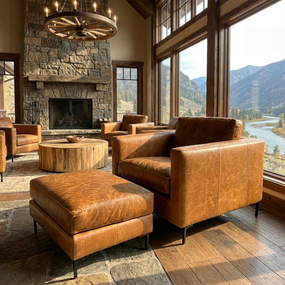 Dallas 33" Top Grain Leather Ottoman - Hollis Tobacco + Antique