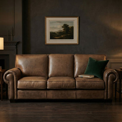 Wallace 92" Top Grain Leather 3 Cushion Sofa - Diva Taupe