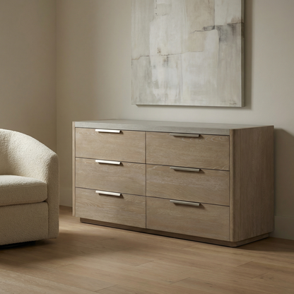 Warren 68" Oak & Marble Six Drawer Dresser - Stone Wash + Limestone