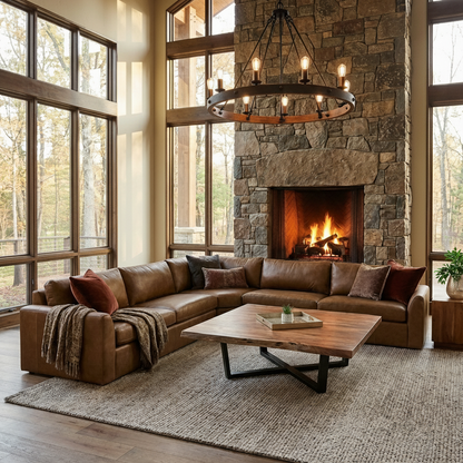 Wayne 139" x 139" Wedge Arm 5 Cushion Top Grain Leather Wedge Corner Sectional - Wild Buck