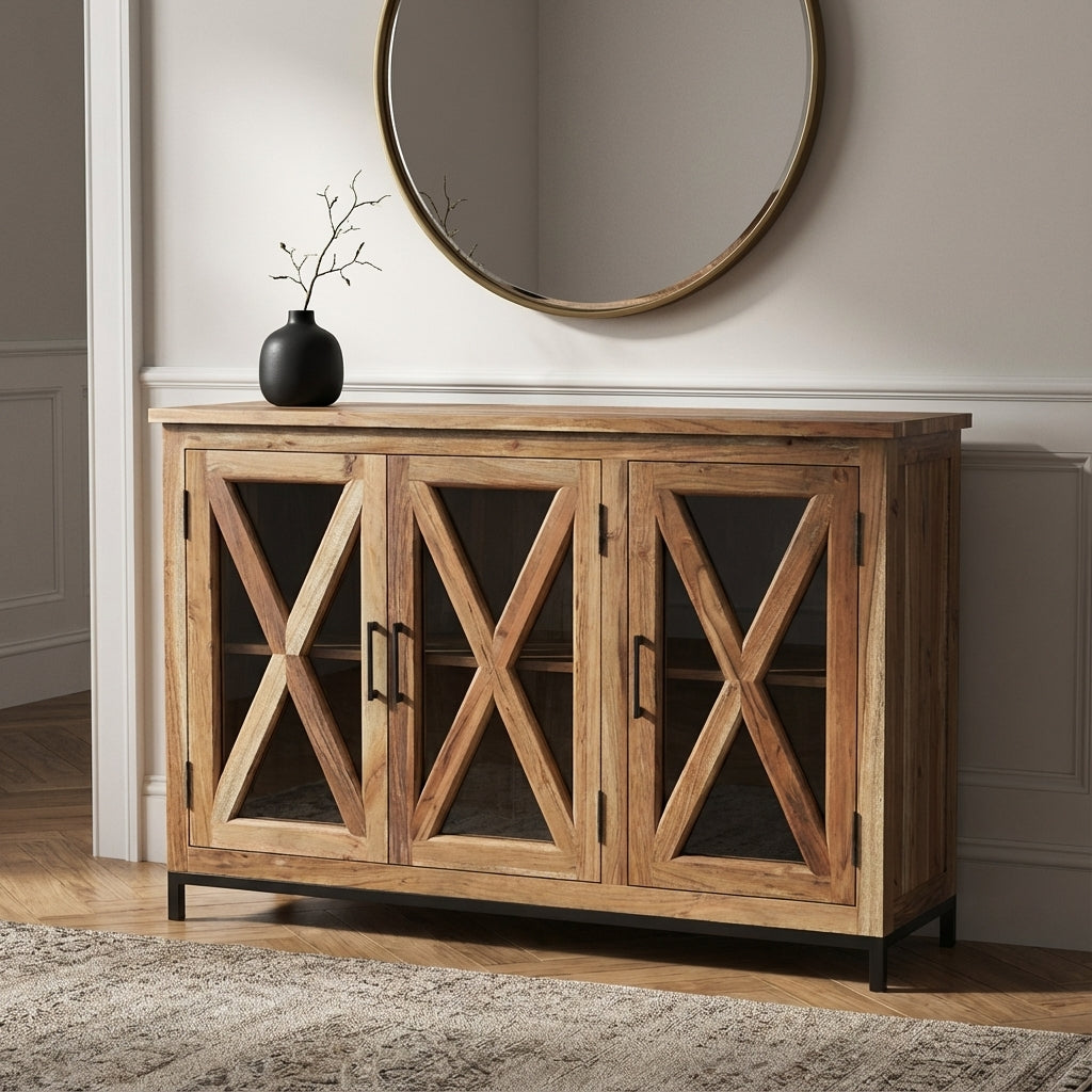 Wesley 60" 3 Door Glass Front Sideboard - Natural
