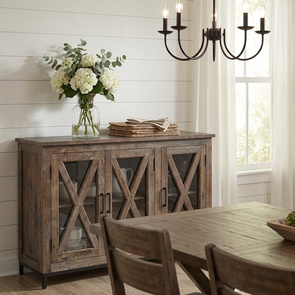 Wesley 60" 3 Door Glass Front Sideboard - Natural + Smoke