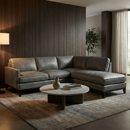 Willis 119” x 94” Top Grain Leather Sofa + Bumper Chaise - Pewter