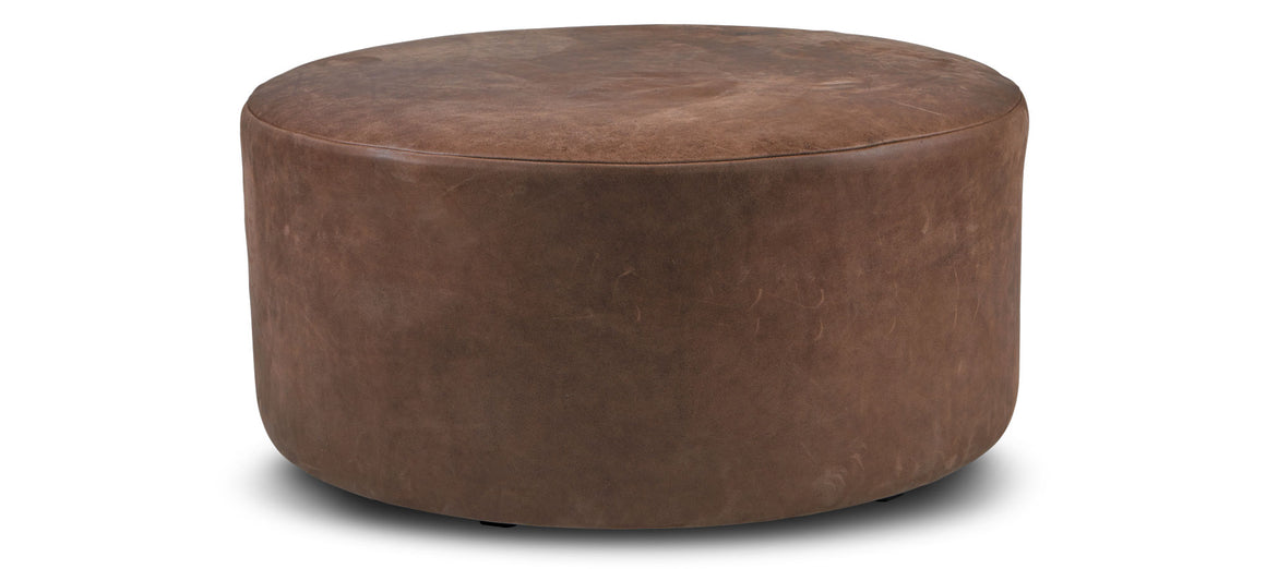 Penelope Express Ship 36" Round Top Grain Leather Ottoman - Smokehouse Brown