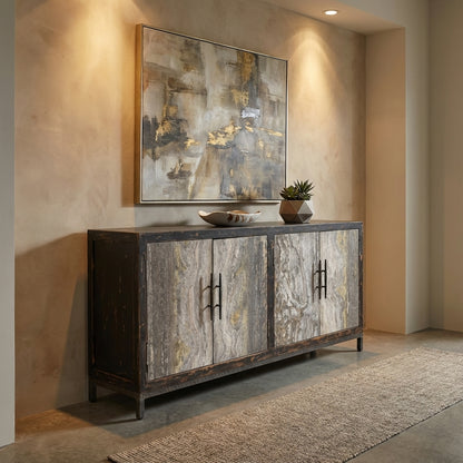 Drake 76" Reclaimed Pine + Travertine 4 Door Sideboard