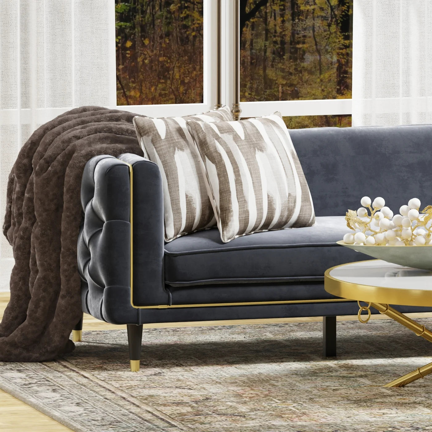 Agatha 90" 2 Cushion Sofa - Gray Velvet + Brass Trim