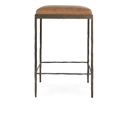 Bodica Top Grain Leather & Hammered Iron Counter Stool - Saddle + Dark Bronze