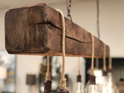 Cumberland Gap 84" Hand Hewn Beam w/ 7 Bulb Chandelier - Brown w/Tan Cord - Classic Carolina Home