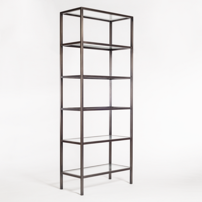 Shakura 36″ Glass & Iron Bookshelf - Gunmetal - Classic Carolina Home
