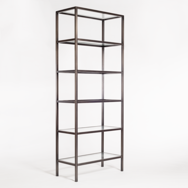 Shakura 36″ Glass & Iron Bookshelf - Gunmetal - Classic Carolina Home