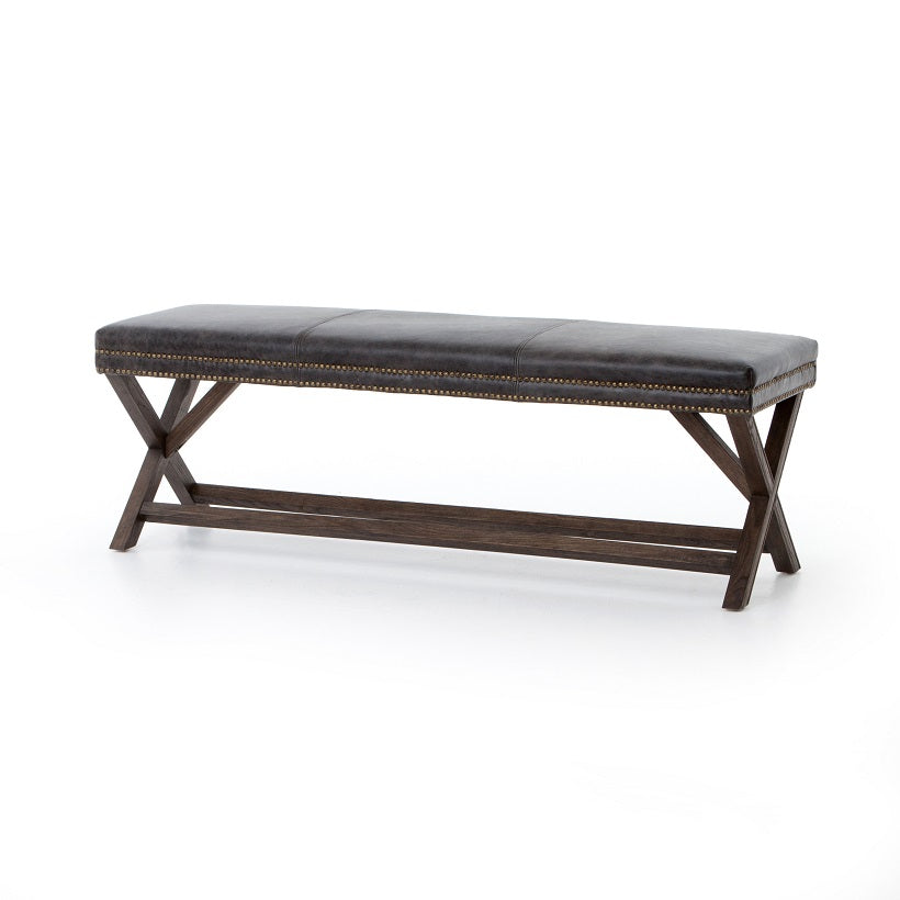 Elise 59" Wood + Leather Bench - Smoke - Classic Carolina Home