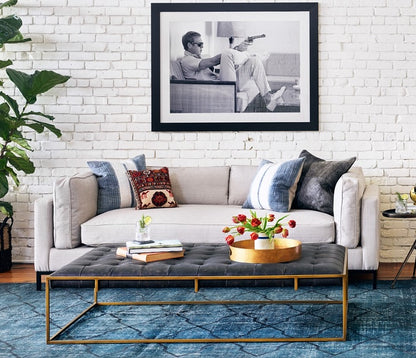 Wembley 63" Top Grain Leather + Brass Coffee Table - Ebony - Classic Carolina Home