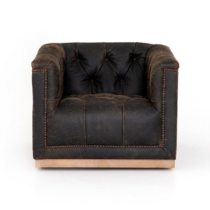 Maxine 34" Top Grain Leather Swivel Chair - Distressed Black - Classic Carolina Home