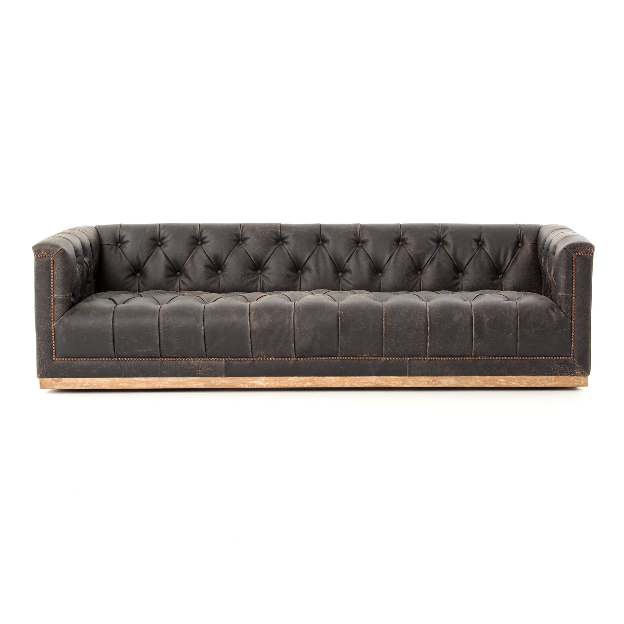 Maxine 95" Top Grain Leather Tufted Sofa - Distressed Black - Classic Carolina Home