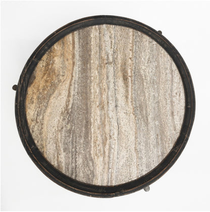 Draco 36" Round Coffee Table - Travertine + Iron - Classic Carolina Home
