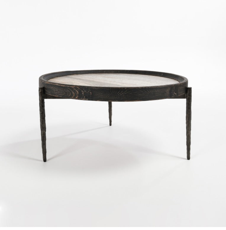 Draco 36" Round Coffee Table - Travertine + Iron - Classic Carolina Home