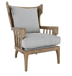 Lars Oak Wingback Accent Chair - Driftwood + Striped Linen - Classic Carolina Home