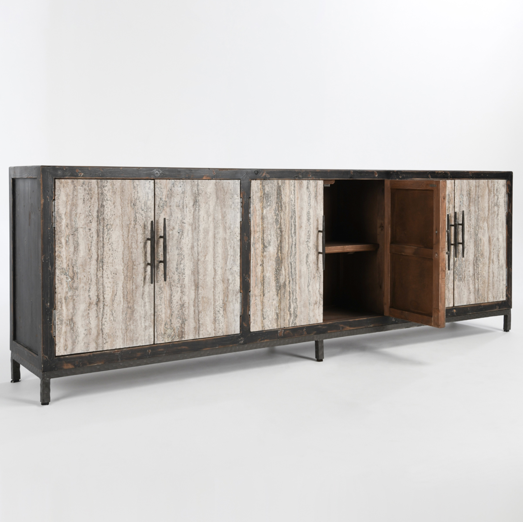 Drake 103" Reclaimed Pine + Travertine 6 Door Sideboard