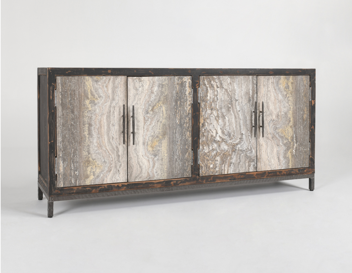 Drake 76" Reclaimed Pine + Travertine 4 Door Sideboard