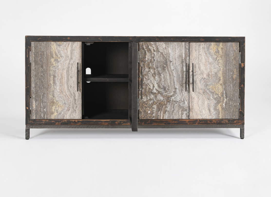 Drake 76" Reclaimed Pine + Travertine 4 Door Sideboard