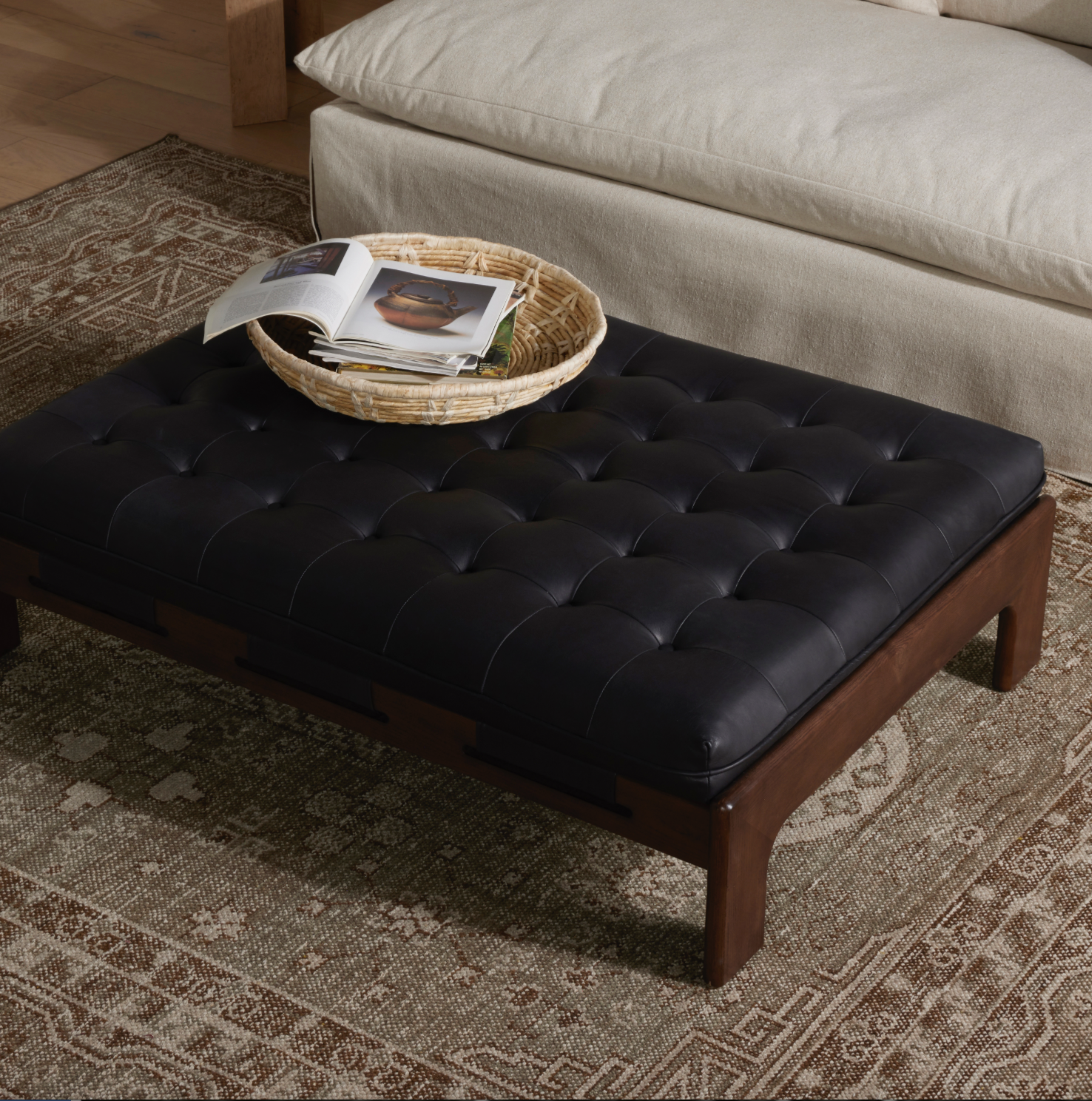 Hampton 50" Top Grain Leather Cocktail Ottoman - Heirloom Black