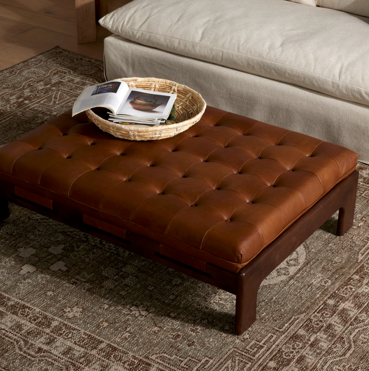 Hampton 50" Top Grain Leather Cocktail Ottoman - Heirloom Sienna