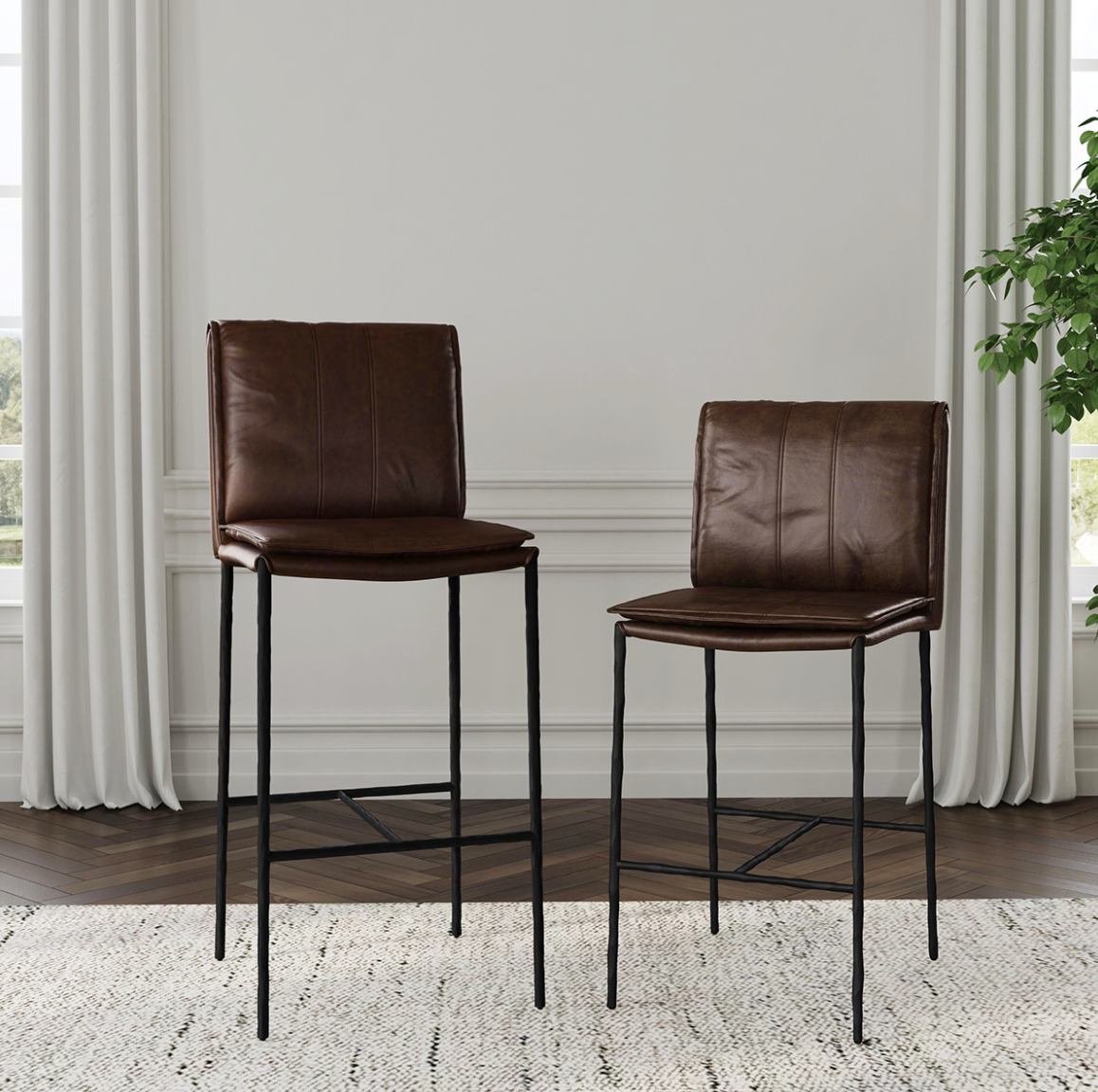 Wesley Top Grain Leather Counter Stool - Chocolate + Iron