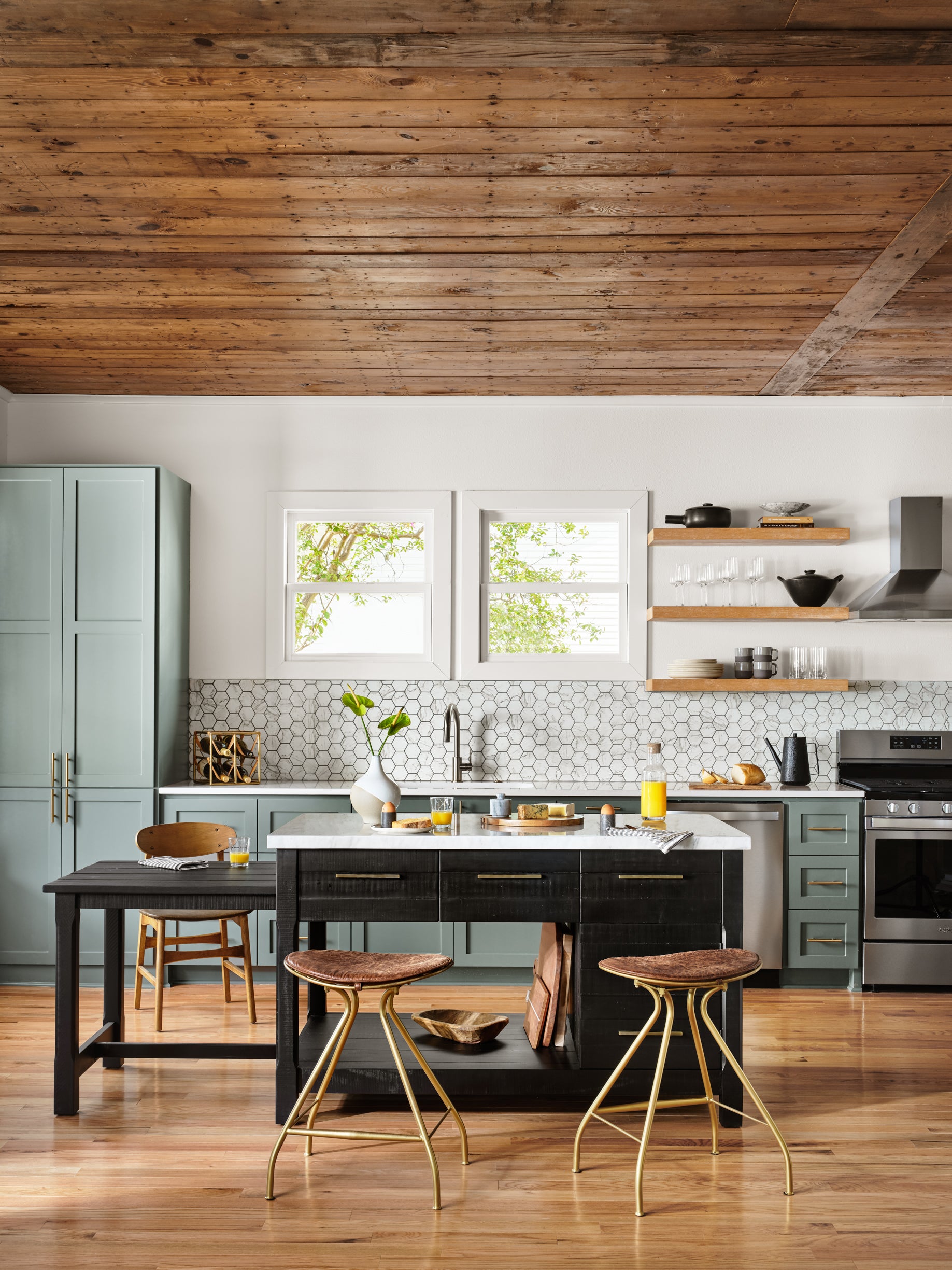 Killian 60" Extendable Kitchen Island - Black Acacia + White Italian Marble