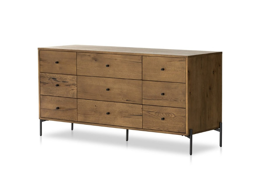 Easton 65" 9 Drawer Dresser - Amber Oak + Dark Gunmetal